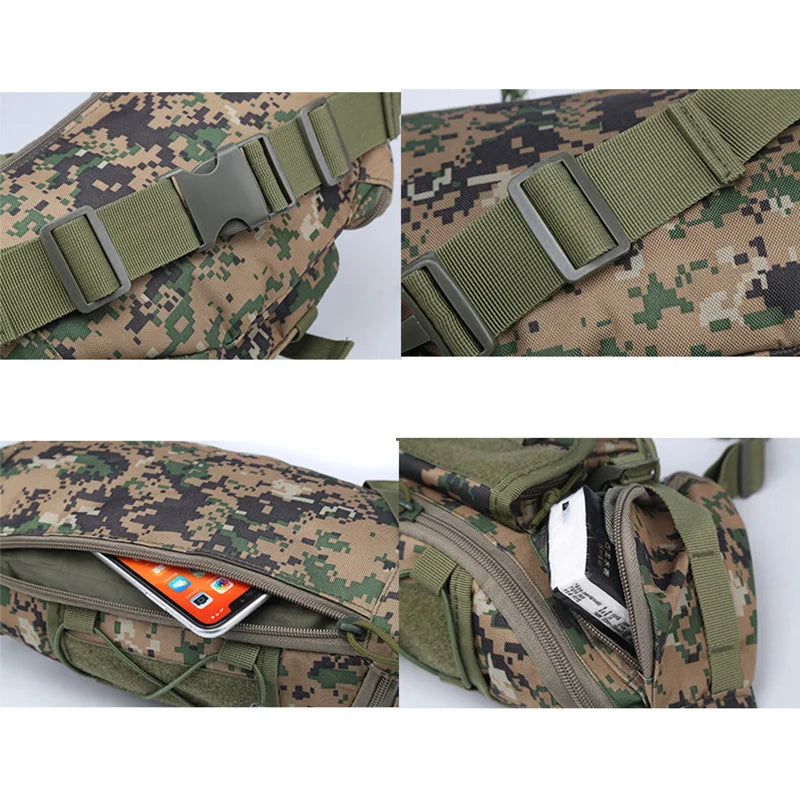Close-up view of a camouflage tactical waist pack with a nylon belt and zippered pocket.