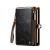 Cartera para pasaporte de cuero marrón oscuro con cremallera dorada y correa de cuero.