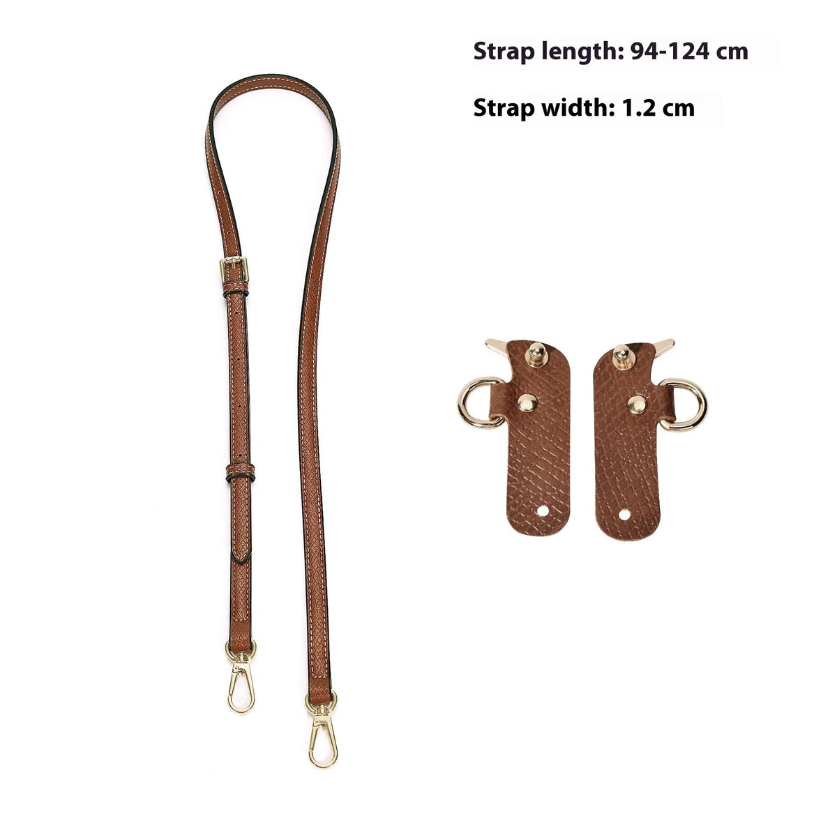 A set of brown leather adjustable straps for mini bags, showing the strap length and width.