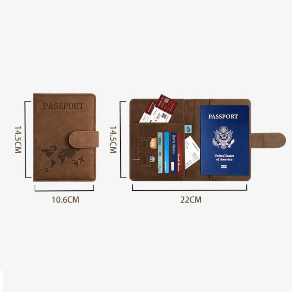 A brown elegant RFID blocking passport holder with a leather cover and blue passport display.