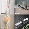 Silicone cable ties and cord organizers shown in various contexts: bedroom, kitchen, living room, and office.