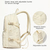 A cream-colored backpack featuring elastic side pockets and an adjustable buckle for secure storage.