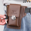 A brown leather waist bag with a belt clip is shown attached to a denim shirt.