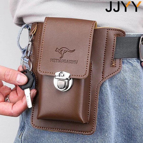 A brown leather waist bag with a belt clip is shown attached to a denim shirt.
