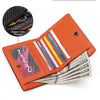 An orange bifold wallet with a carbon fiber finish showing various slots for cash, ID, and cards.