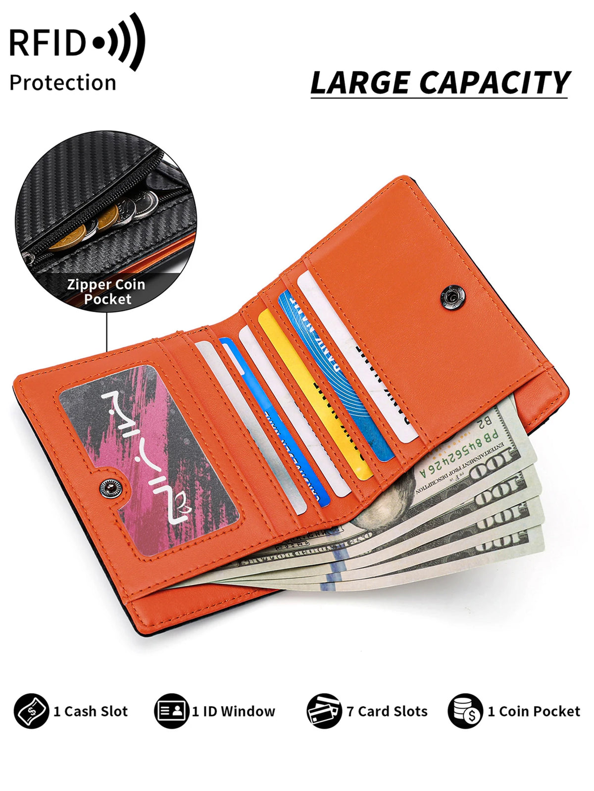An orange bifold wallet with a carbon fiber finish showing various slots for cash, ID, and cards.