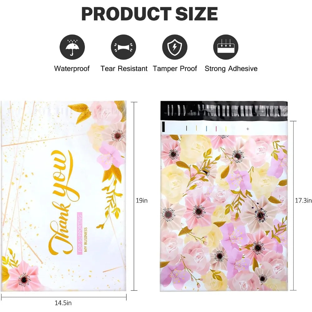 A sheet of pink and yellow floral patterned poly mailers with a thank you message design.