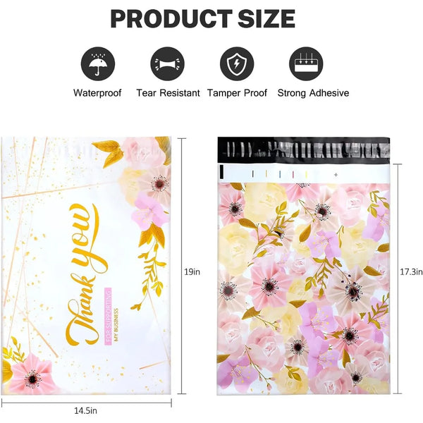 A sheet of pink and yellow floral patterned poly mailers with a thank you message design.