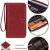 A maroon slim RFID-blocking PU leather wallet with a zipper closure and a protective strap.