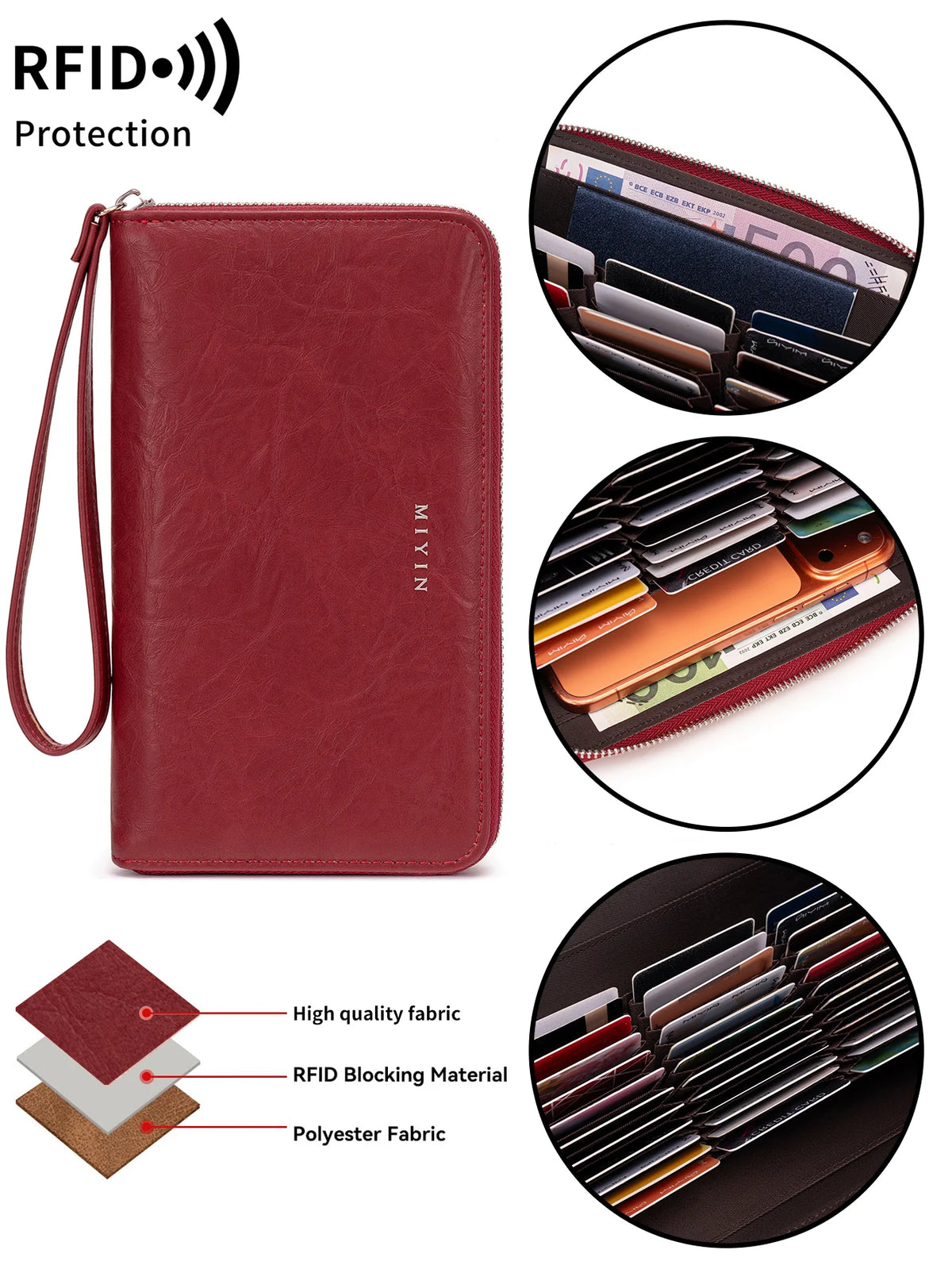 A maroon slim RFID-blocking PU leather wallet with a zipper closure and a protective strap.