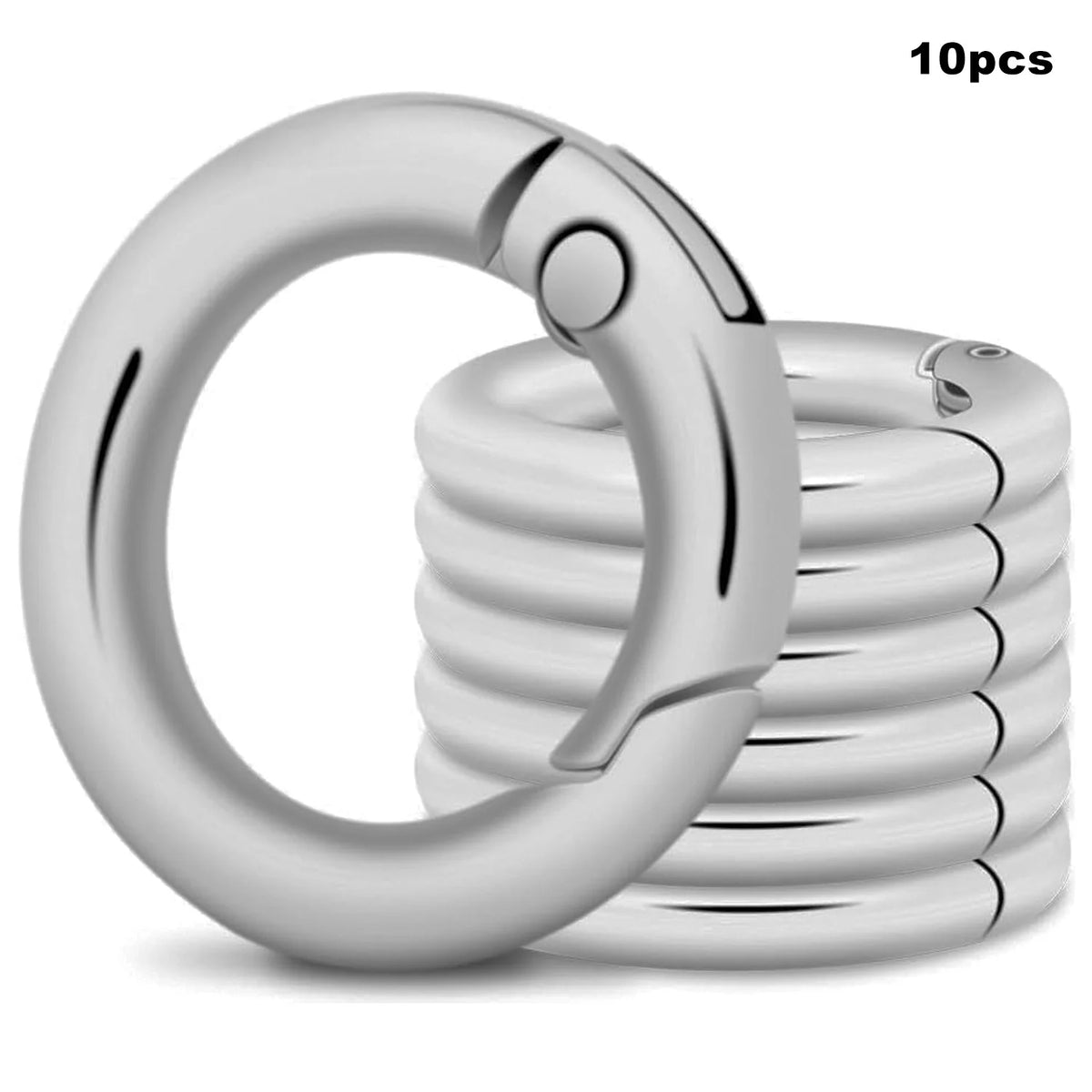 Ten silver metal key ring clips with spring-loaded fasteners stacked together.