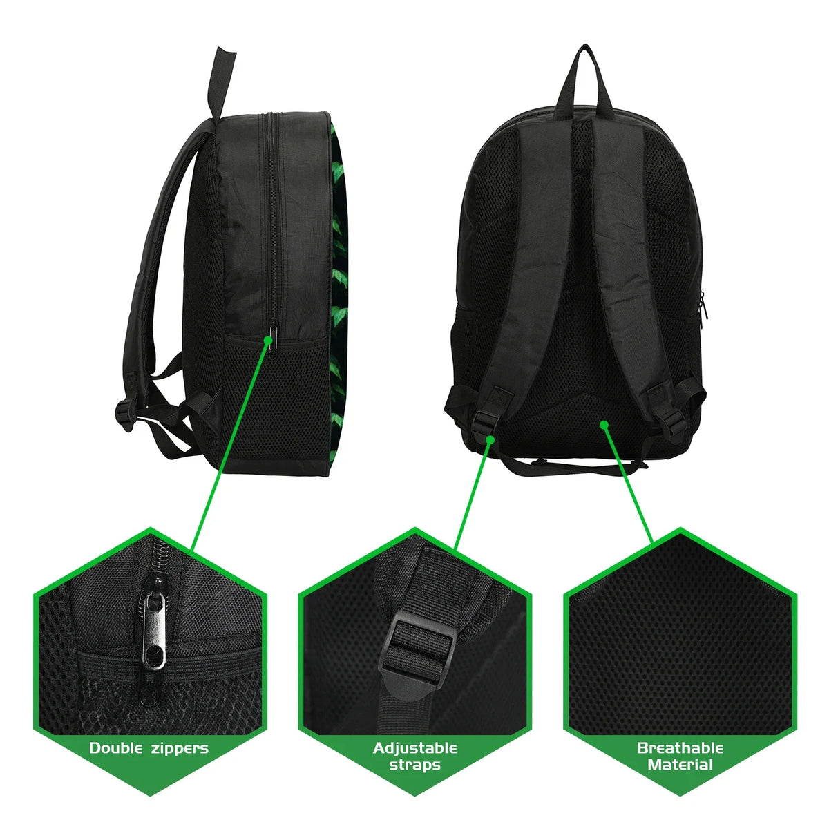Black lightweight kids backpack shown with details on zippers, adjustable straps, and breathable material