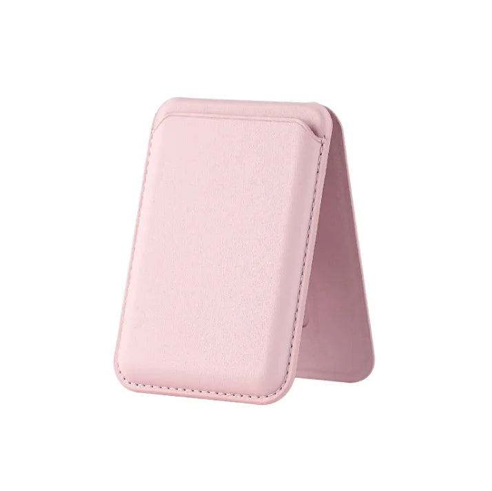 A light pink MagSafe magnetic card holder wallet for an iPhone shown from the side.