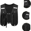 Black adjustable hydration running vest shown with various features and close-up details.