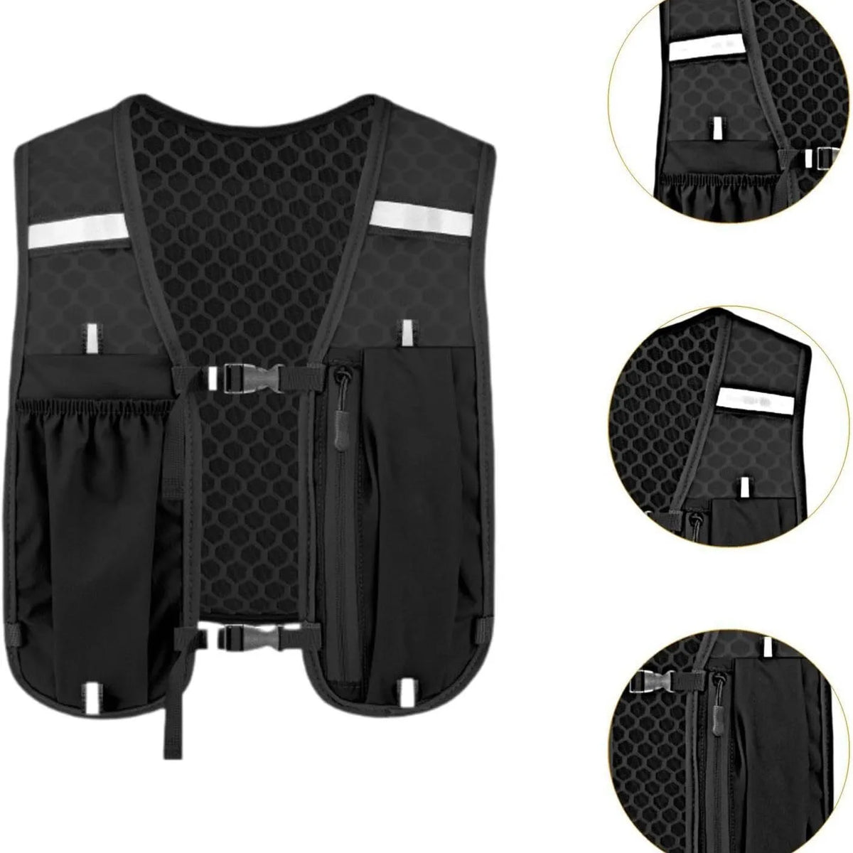 Black adjustable hydration running vest shown with various features and close-up details.