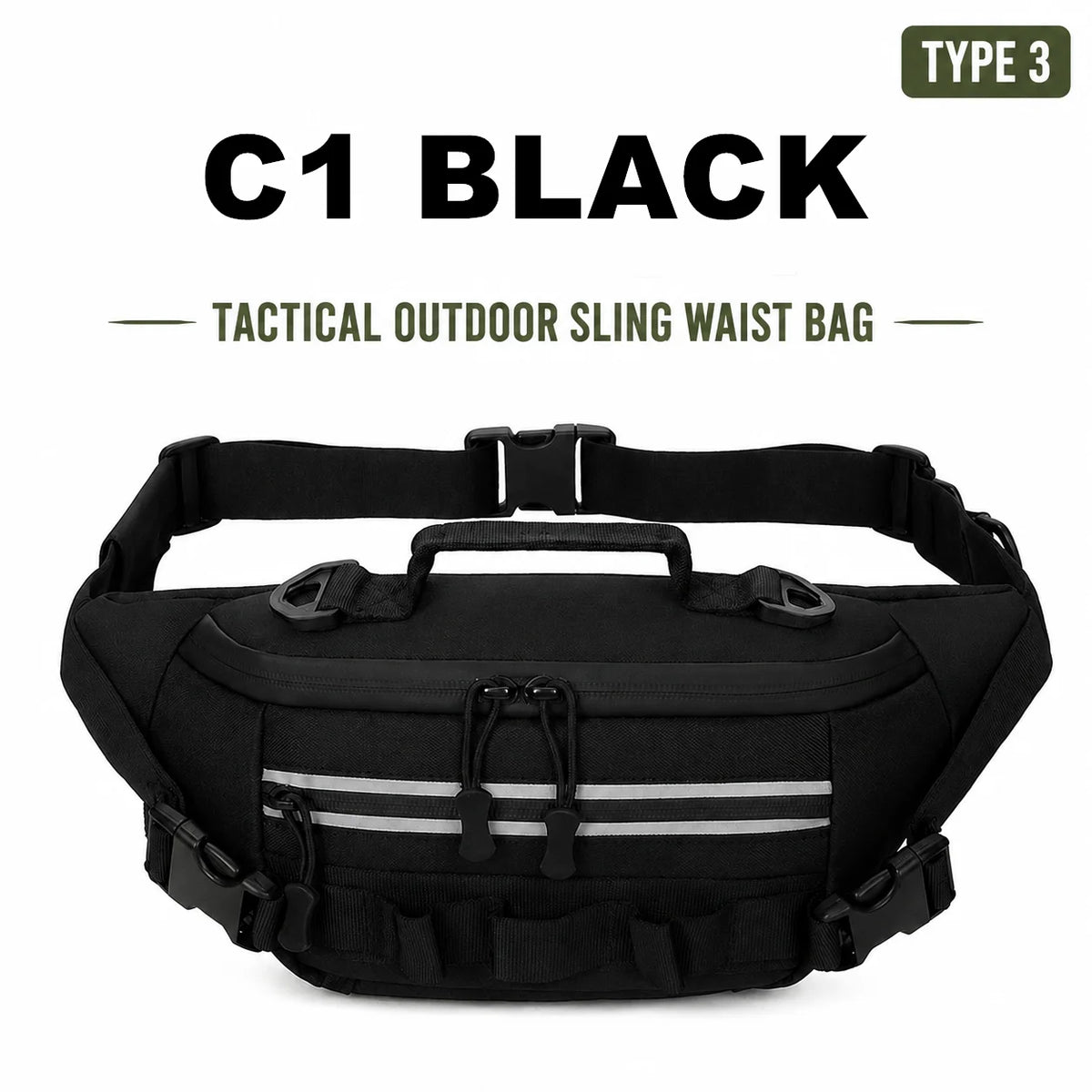 Black Type 3 tactical outdoor sling waist bag with adjustable straps and buckles