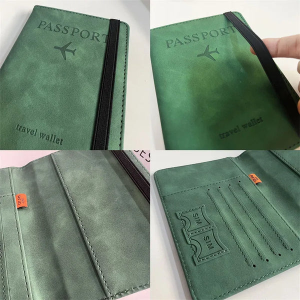 A green vintage PU leather passport wallet with a black zipper and embossed text.