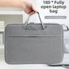 A gray laptop bag is shown open, demonstrating its 180-degree fully open feature.