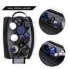 A black toiletry bag with multiple compartments for cosmetics and toiletries.