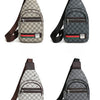 A gray and beige patterned printed crossbody sling bag with a brown strap shown from the front.