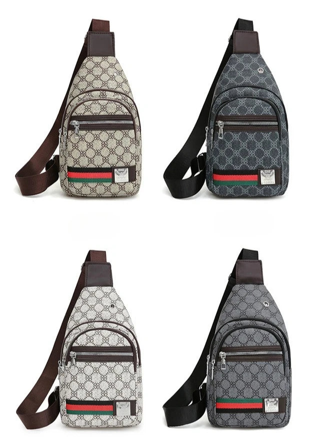 A gray and beige patterned printed crossbody sling bag with a brown strap shown from the front.