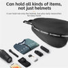 A black multifunctional helmet backpack is shown alongside various small items like a knife, sunglasses, and electronic devic