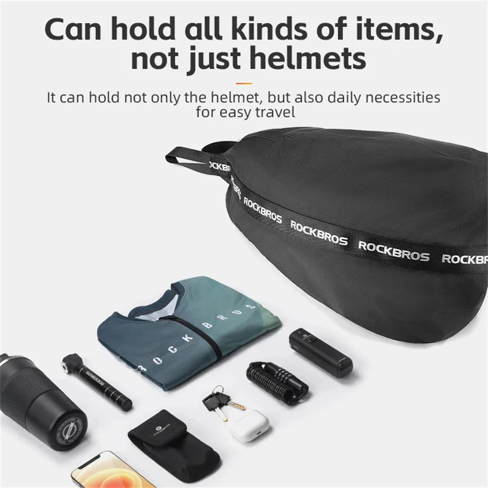 A black multifunctional helmet backpack is shown alongside various small items like a knife, sunglasses, and electronic devic