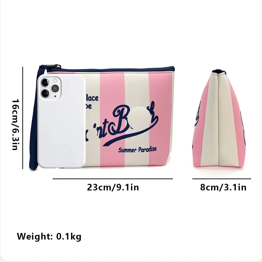 Bolsa cosmética a rayas rosa y blanca con un estuche de teléfono blanco y una bolsa de cuero separada.
