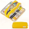 A yellow pencil case with a clear zippered compartment filled with various writing tools and accessories.