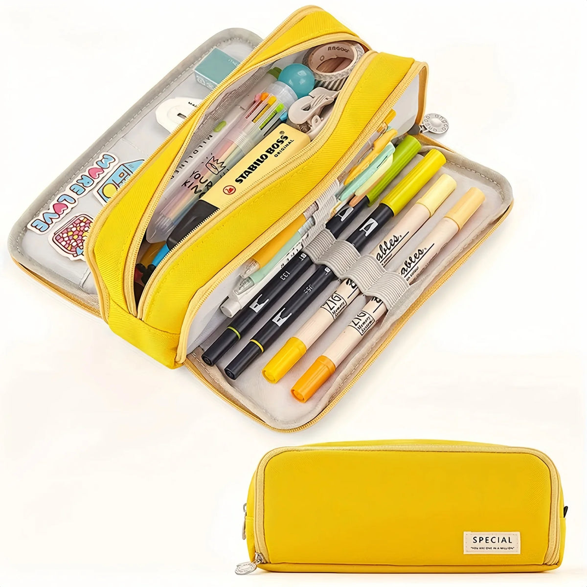 A yellow pencil case with a clear zippered compartment filled with various writing tools and accessories.
