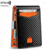 A black wallet with a textured design holding an ID card and an orange card.