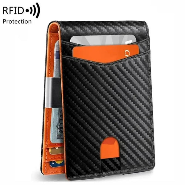 A black wallet with a textured design holding an ID card and an orange card.