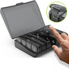 A hand holds an open weekly pill organizer with seven compartments for daily medication.
