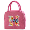 Pink insulated canvas lunch bag featuring a large letter N design.