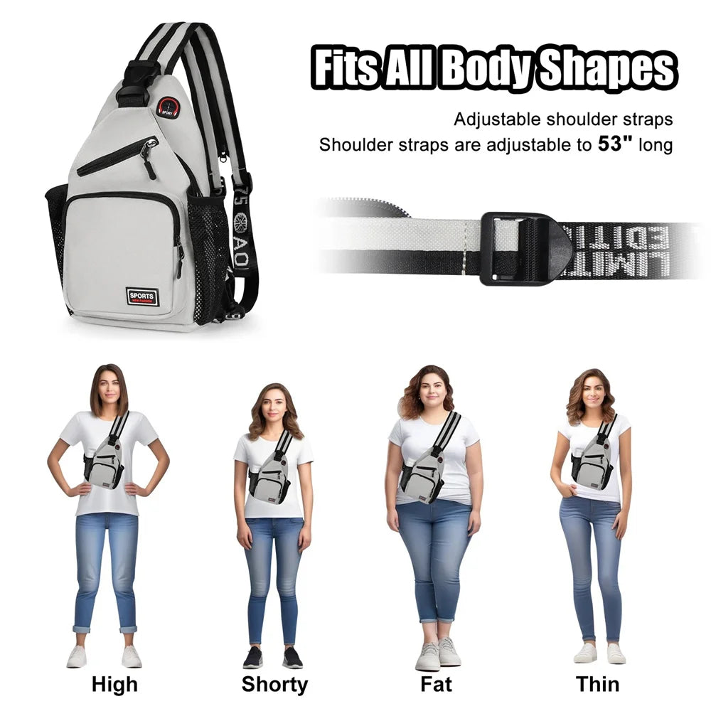 A multi-use adjustable chest and shoulder bag shown with various body types for fitting demonstration.