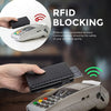 A hand holds a slim aluminum pop-up card holder with RFID blocking technology.