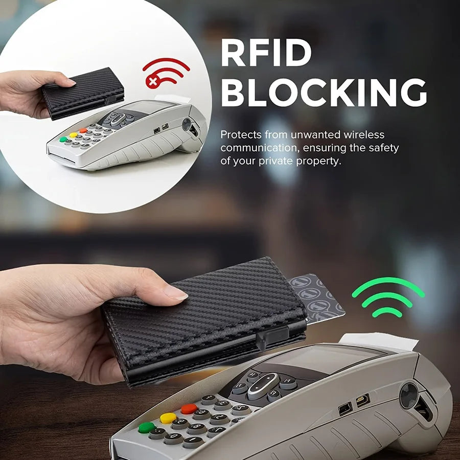 A hand holds a slim aluminum pop-up card holder with RFID blocking technology.