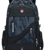 Mochila de viaje grande para hombre suiza negra con patrón de camuflaje y herrajes plateados.
