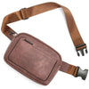 A brown PU leather crossbody waist bag with a leather strap shown against a white background.