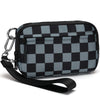 A black checkered multi-card wallet with a clear ID window and a black strap.