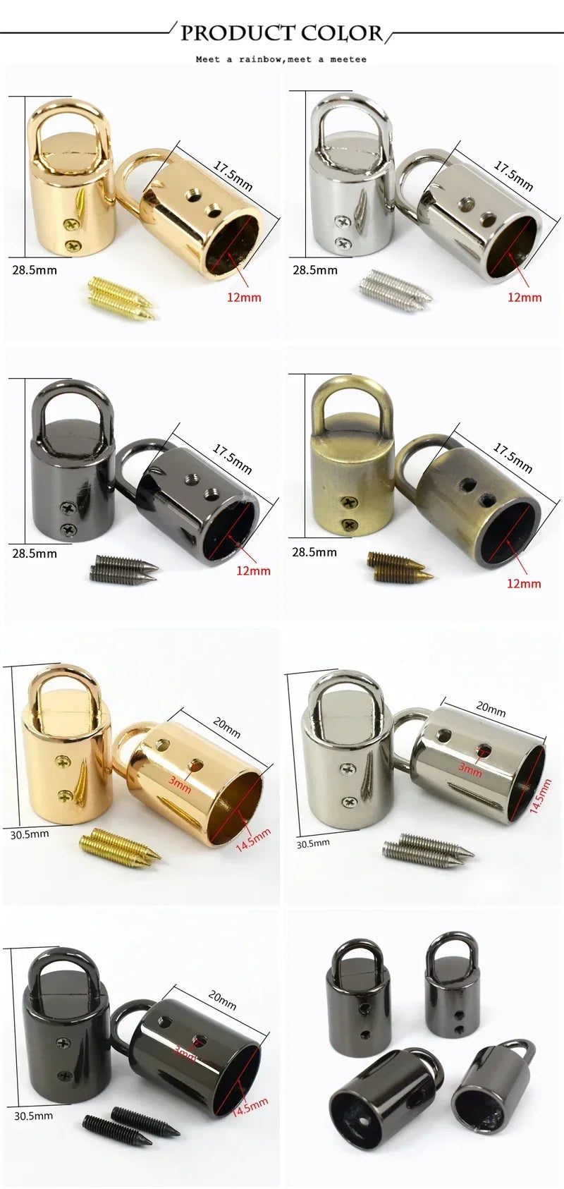 Various metal cord lock buckles in gold and silver finishes shown with various sizes and components.