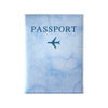 A light blue passport card holder with a faint marbled texture and a dark blue airplane silhouette.