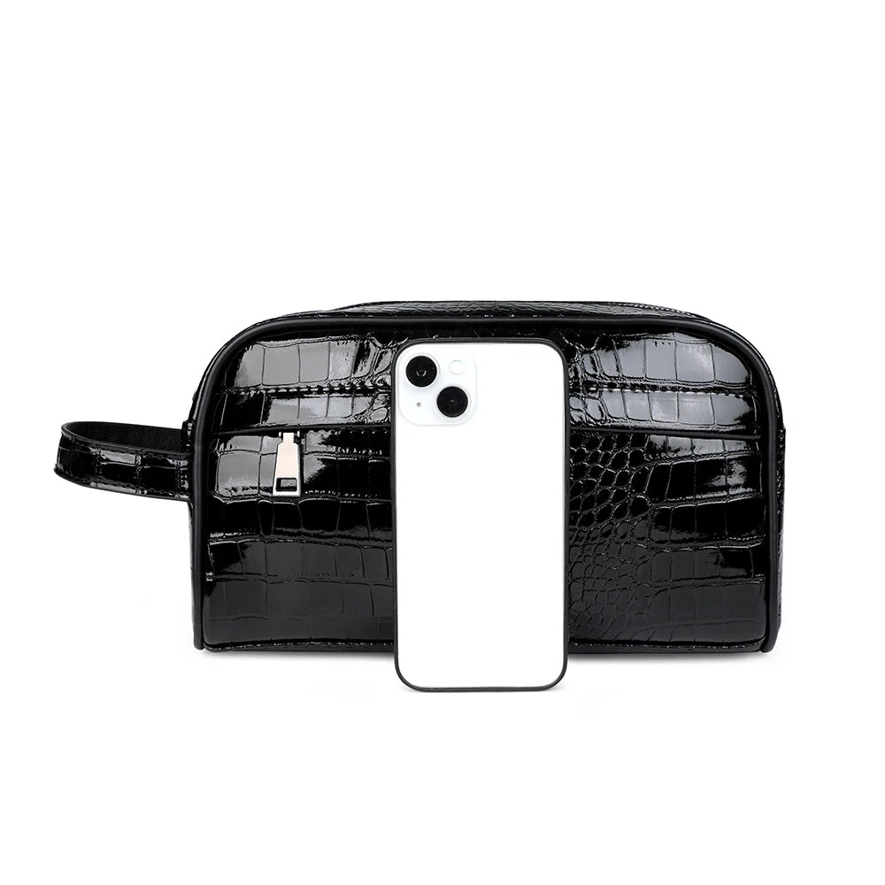 Black crocodile print PU leather clutch handbag with a white smartphone inside