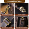 Primer plano de detalles de un maletín de cuero genuino vintage para hombre, mostrando herrajes duraderos, diseño de botones 
