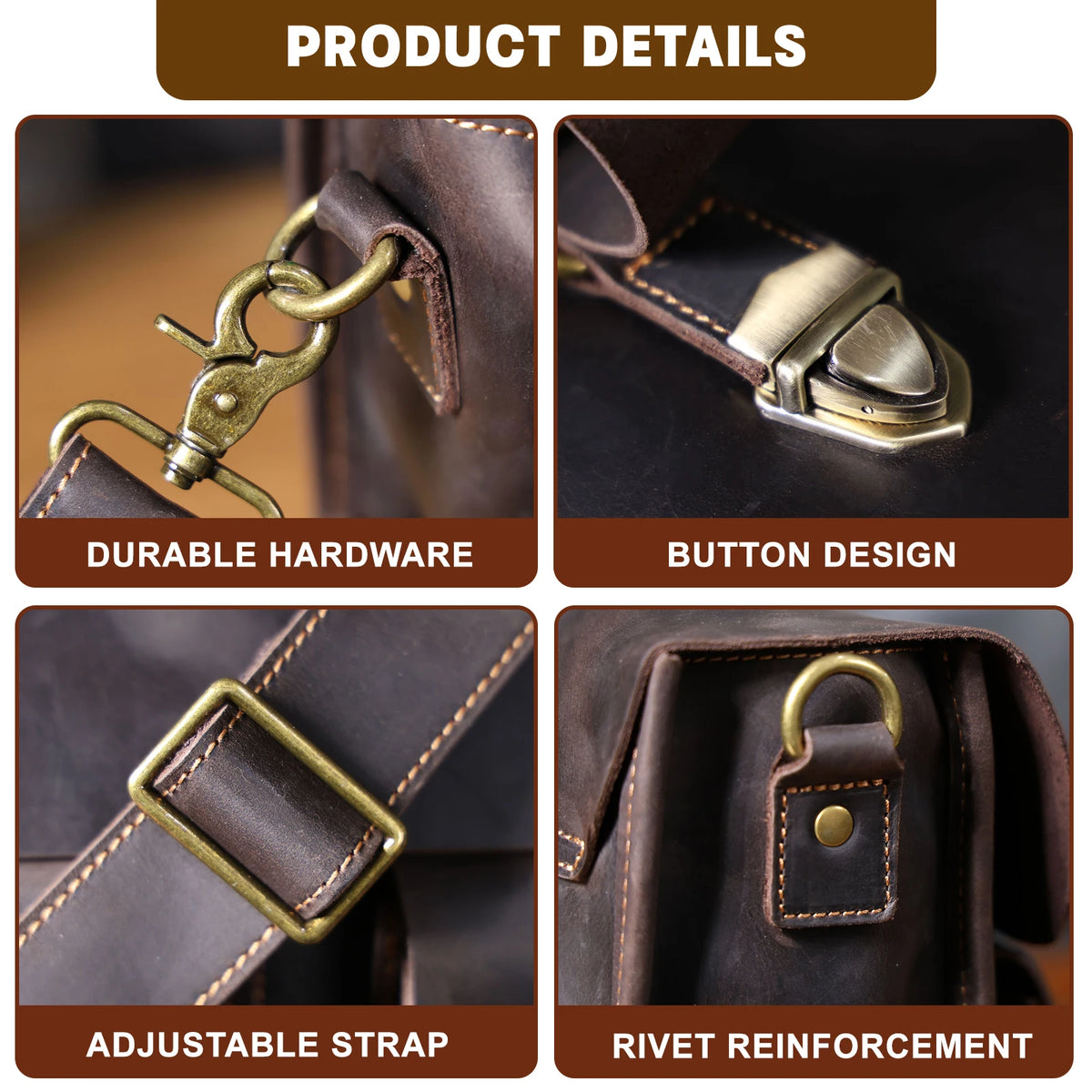 Primer plano de detalles de un maletín de cuero genuino vintage para hombre, mostrando herrajes duraderos, diseño de botones 