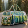 A quilted travel duffle bag featuring a green and white design resembling a forest landscape.