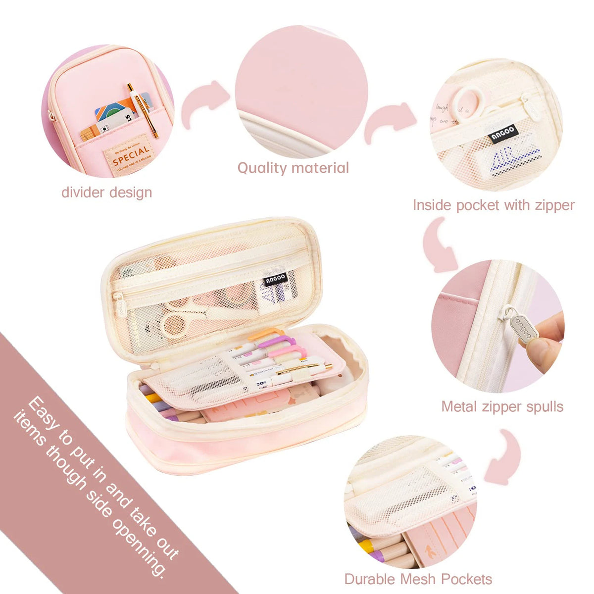 Pink mesh pencil case with divider design and inside pocket featuring metal zipper spulls