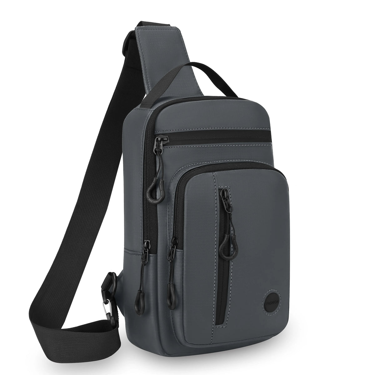 A gray lightweight chest bag with a strap and multiple zippered pockets.