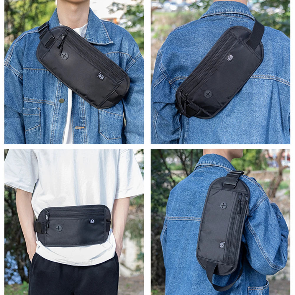 Black RFID blocking anti-theft money belt worn on a denim jacket.