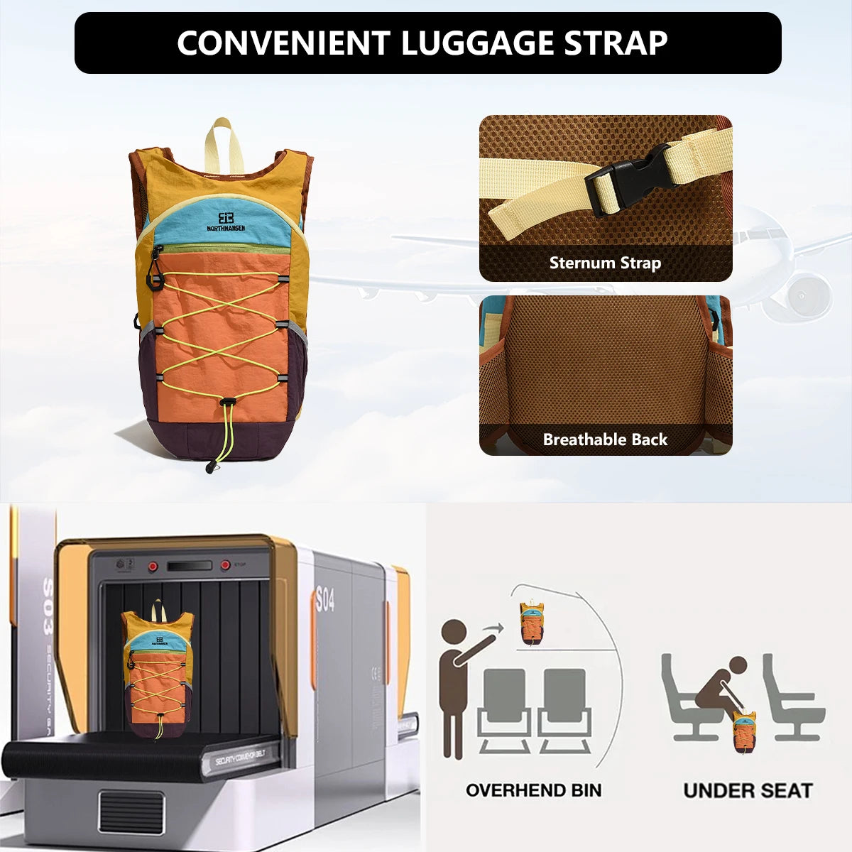 A lightweight travel hiking backpack with an orange strap and a breathable back design is shown alongside a suitcase and an o